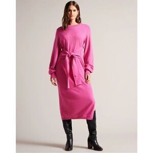Ted Baker London Fuchsia Pink Midi Knit Dress with Waist Tie